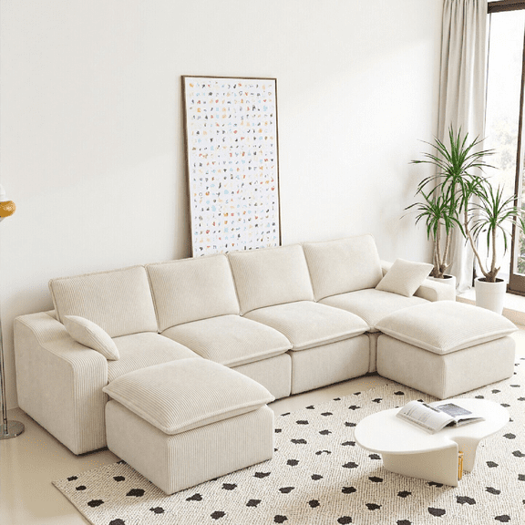 137" U-Shape Modular Sectional Couch Beige Corduroy Boneless Couches for Living Room,6 Seat Cloud Couch,Deep Seat Cushion,Wide Armrests