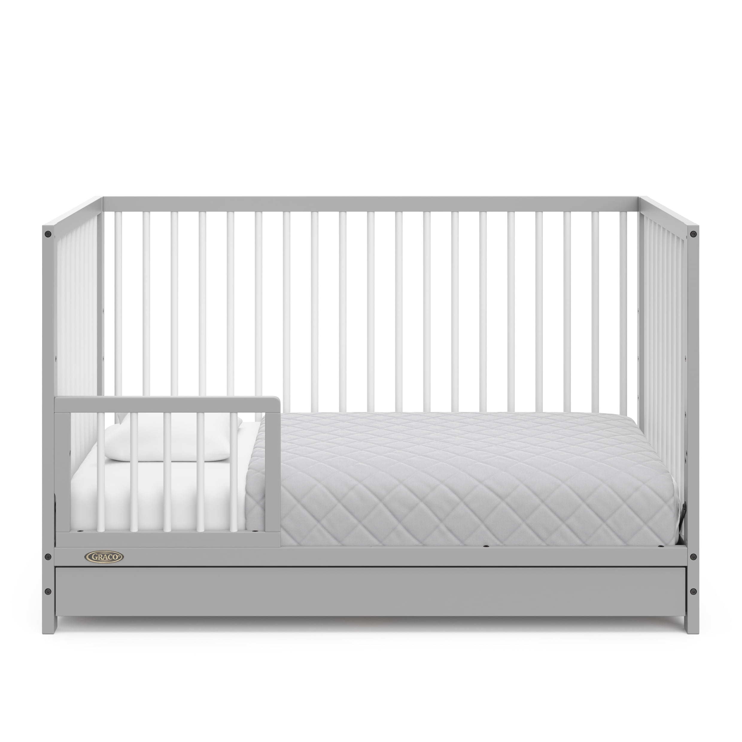 Graco Teddi 5-in-1 Convertible Crib with Drawer and Premium Crib & Toddler Mattress Bundle, Pebble Gray with White