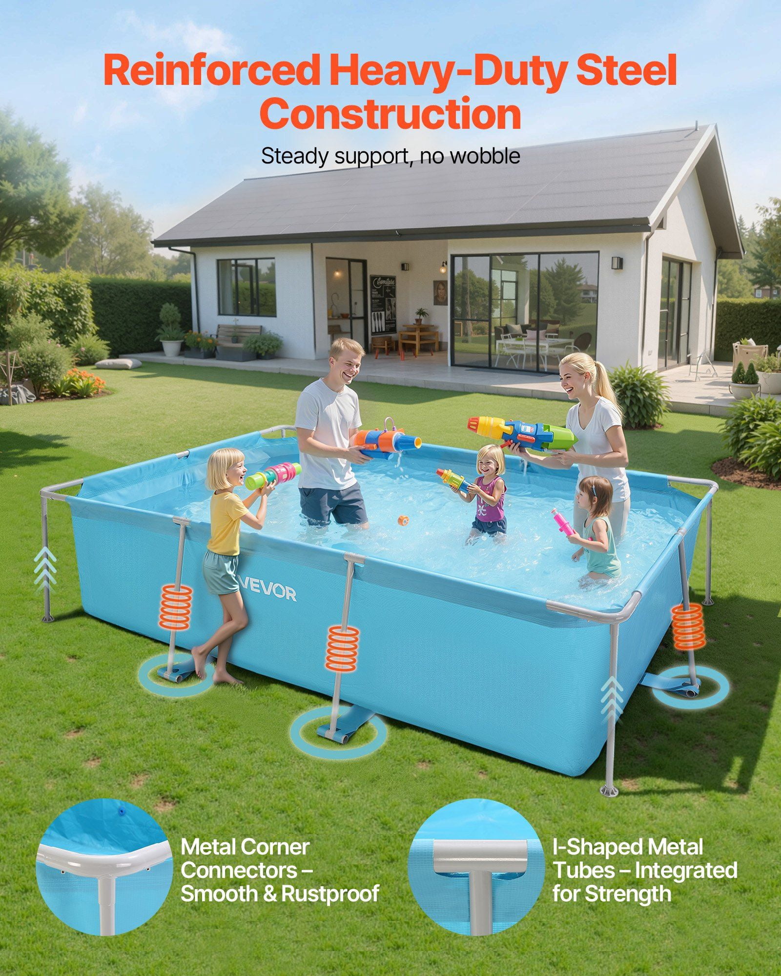 Rectangular Steel Frame Above Ground Swimming Pool 118x78x30 Inch Large Outdoor Backyard Family Pool Easy to Assemble Rust Resistant 1046 Gallon Water Capacity Blue