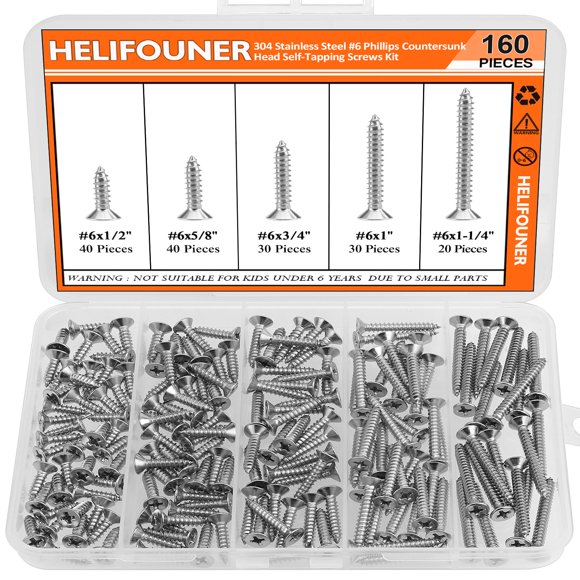 #6 X 1/2"" 5/8"" 3/4"" 1"" 1-1/4"" Wood Screws Set Helifouner 160 Pieces Phillips Countersunk Head Self-Tapping Screws Assortment Kit Phillips Flat Head Wood Screws 304 Stainless Steel