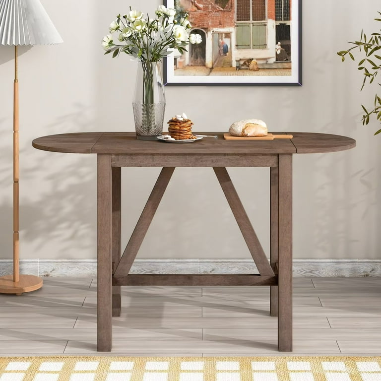 Wood Drop Leaf Folding Dining Table with Underneath Triangle Support Pillar and 4 Solid Legs Extending Dining Table for Living Room Dining Room