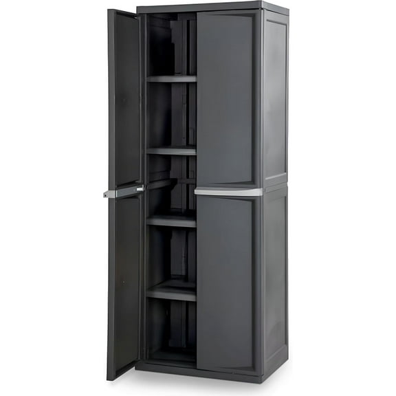 4 Shelf Cabinet, Lockable Utility Storage w/ Adjustable Shelves, Gray - Plastic Shelving Unit