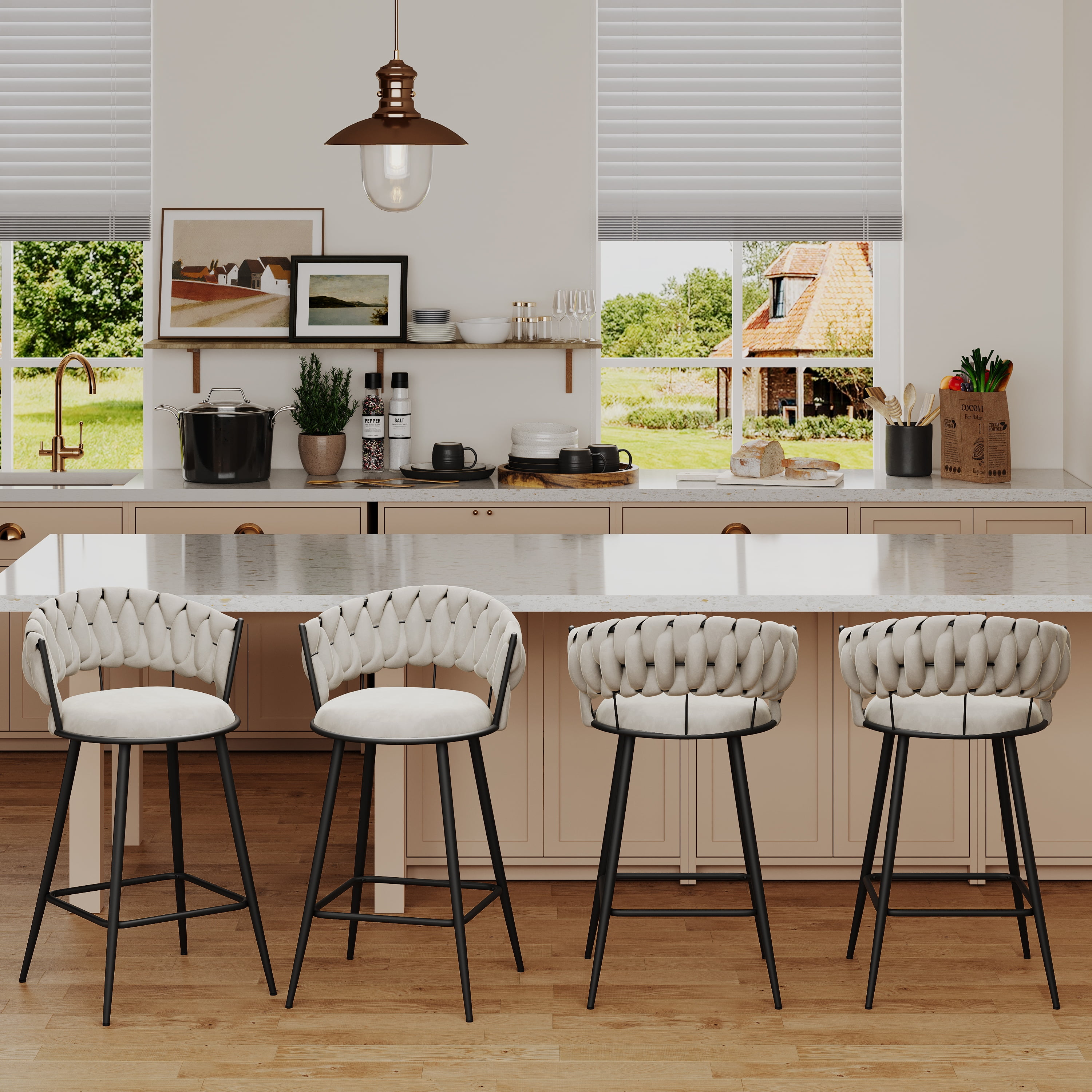 Andeworld 24'' Barstools set of 4, Modern Velvet Bar Stools with Woven Back, Counter Height Barstools with Upholstered Seating, Square Footrest, Ivory