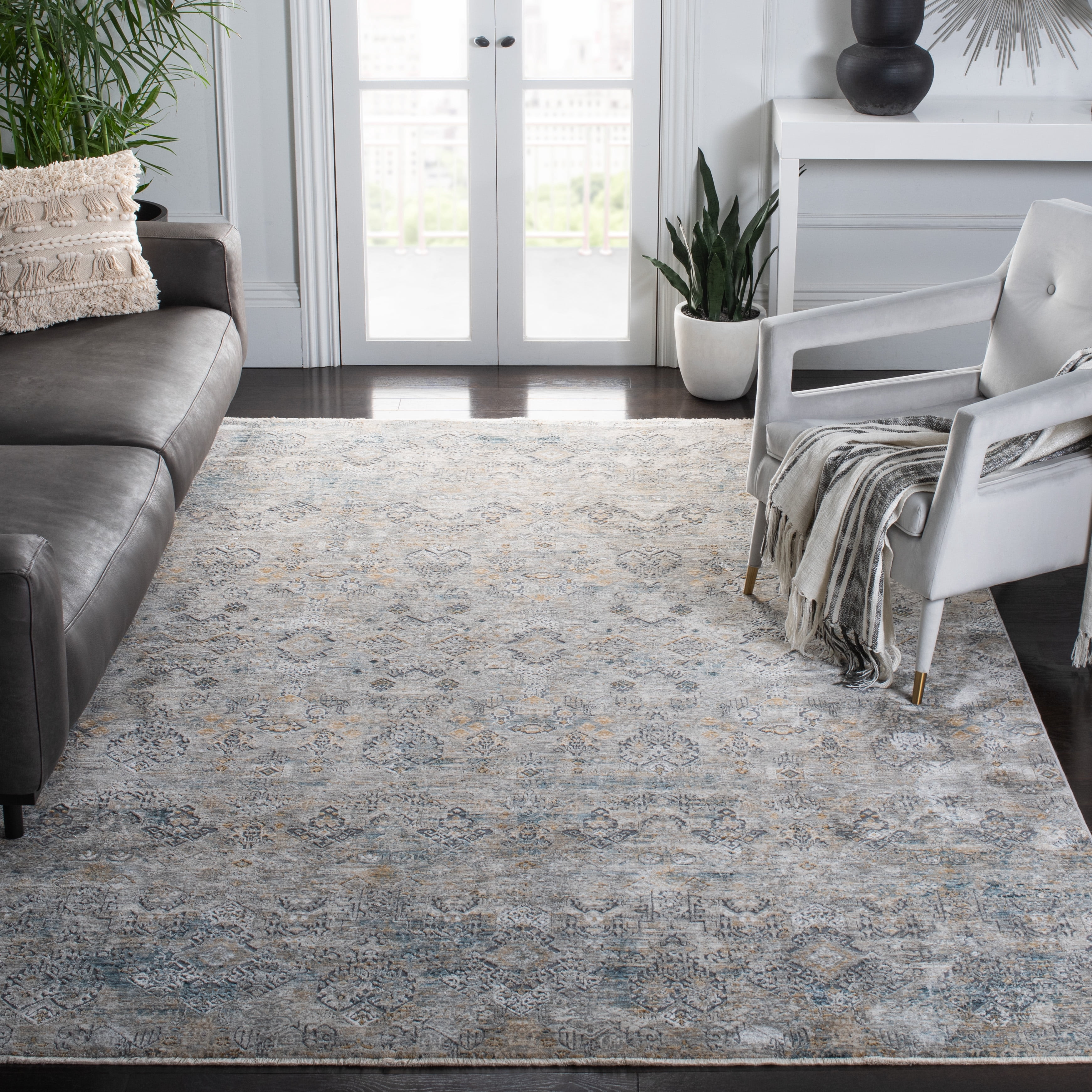 SAFAVIEH Dream Billy Damask Polyester Area Rug, Grey/Gold, 9' x 12'