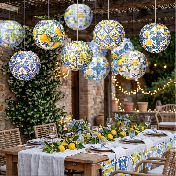 Lemon-Themed Party Decorations Set – Mediterranean Style Hanging Lights & Flag Banner – Perfect for Indoor & Outdoor Celebrations