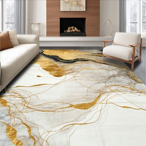 ODIKA 4'x6' Machine Washable Non-Slip Area Rug, Contemporary Marbled Vein Abstract High Traffic Rug, Gold, 130327