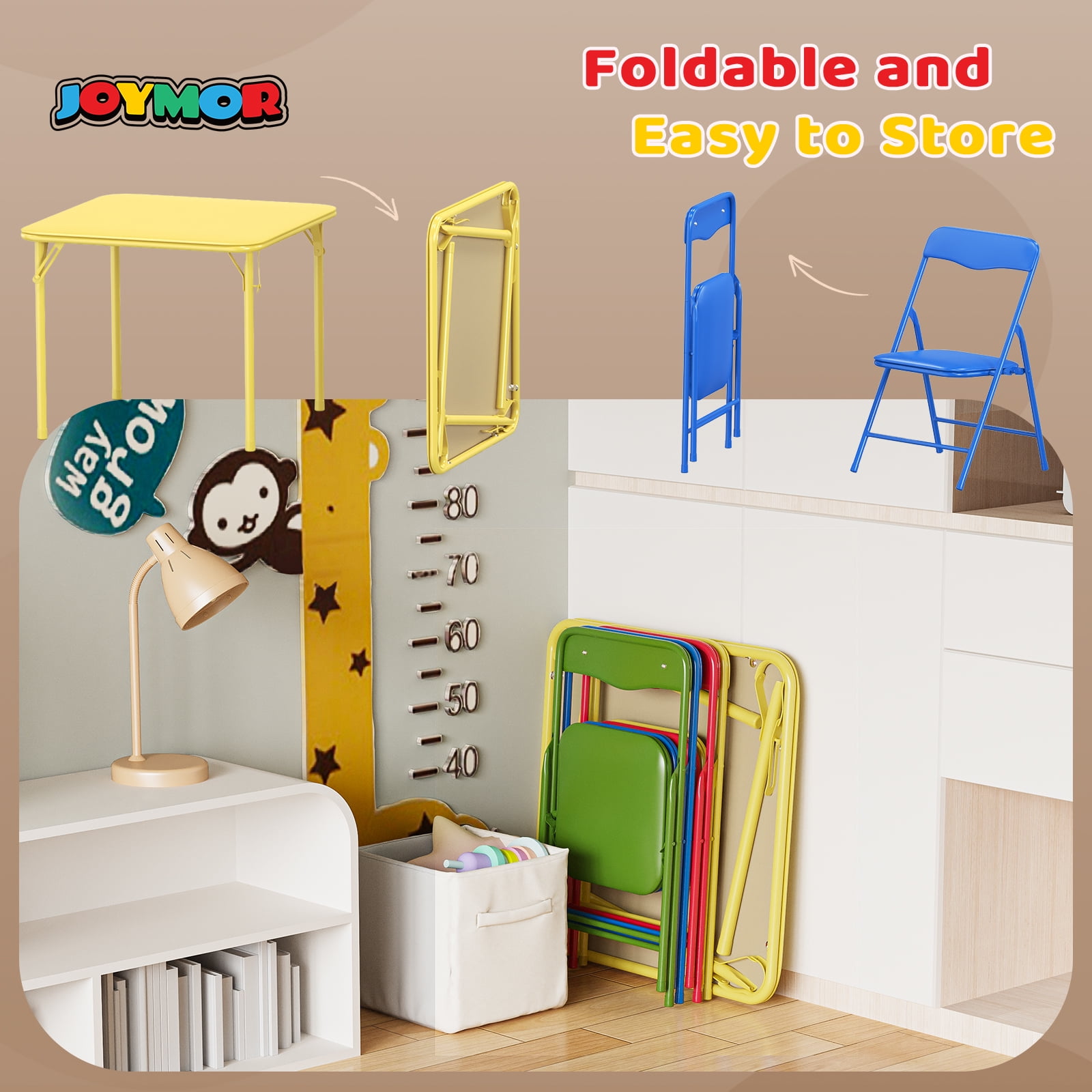 Matladin 3-Piece Kids Folding Table and Chairs Set, Metal Frame Children's Activity Set with Easy-Fold Design, Kids Table with 4 Chairs