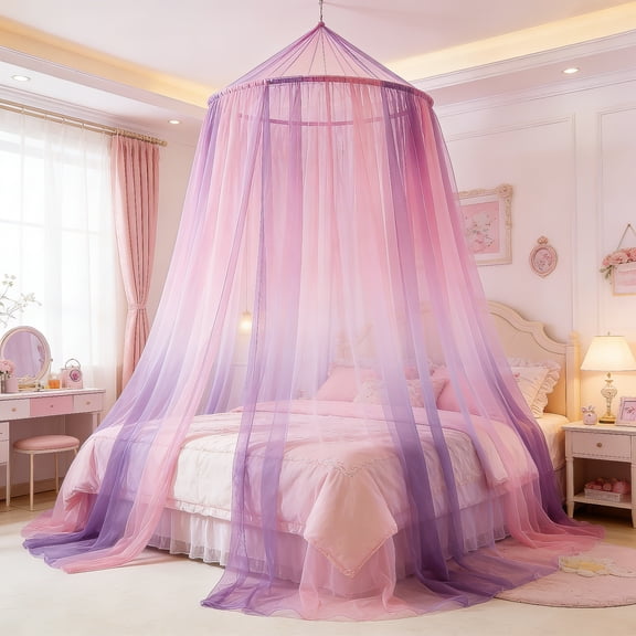 Two-Tone Bed Canopy Mosquito Net Pink Purple, Bed Canopy for Girls Room Decor - Insect Protection Hanging Canopy for Adults, Babies, Single Door