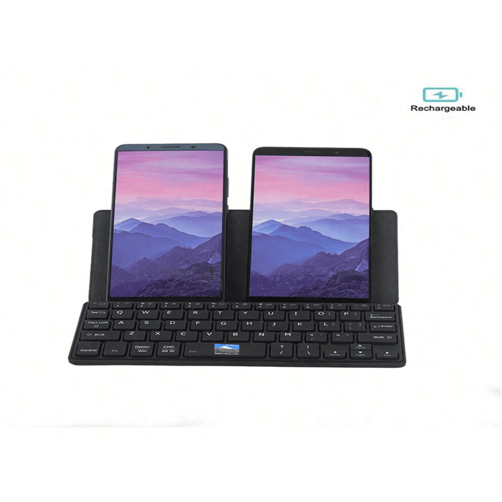 Rechargeable Bluetooth Keyboard for iPad Tablet Phone, Dual-device Mini Keyboard with Kickstand and Leather Cover for Android Windows iOS