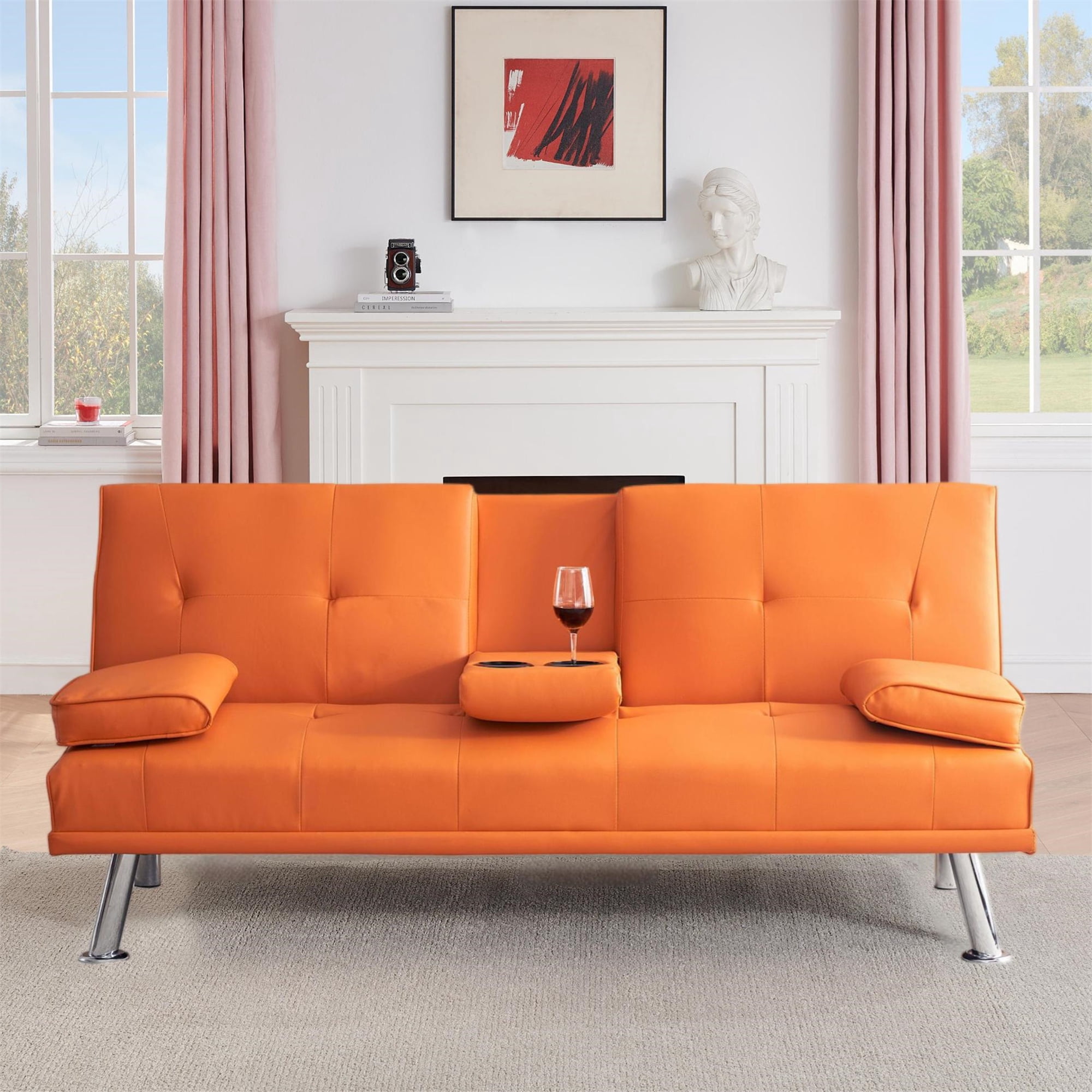 Aukfa Convertible Futon Sofa Bed with Cupholder&Pillow for Home Office Twin Size, Leather, Orange