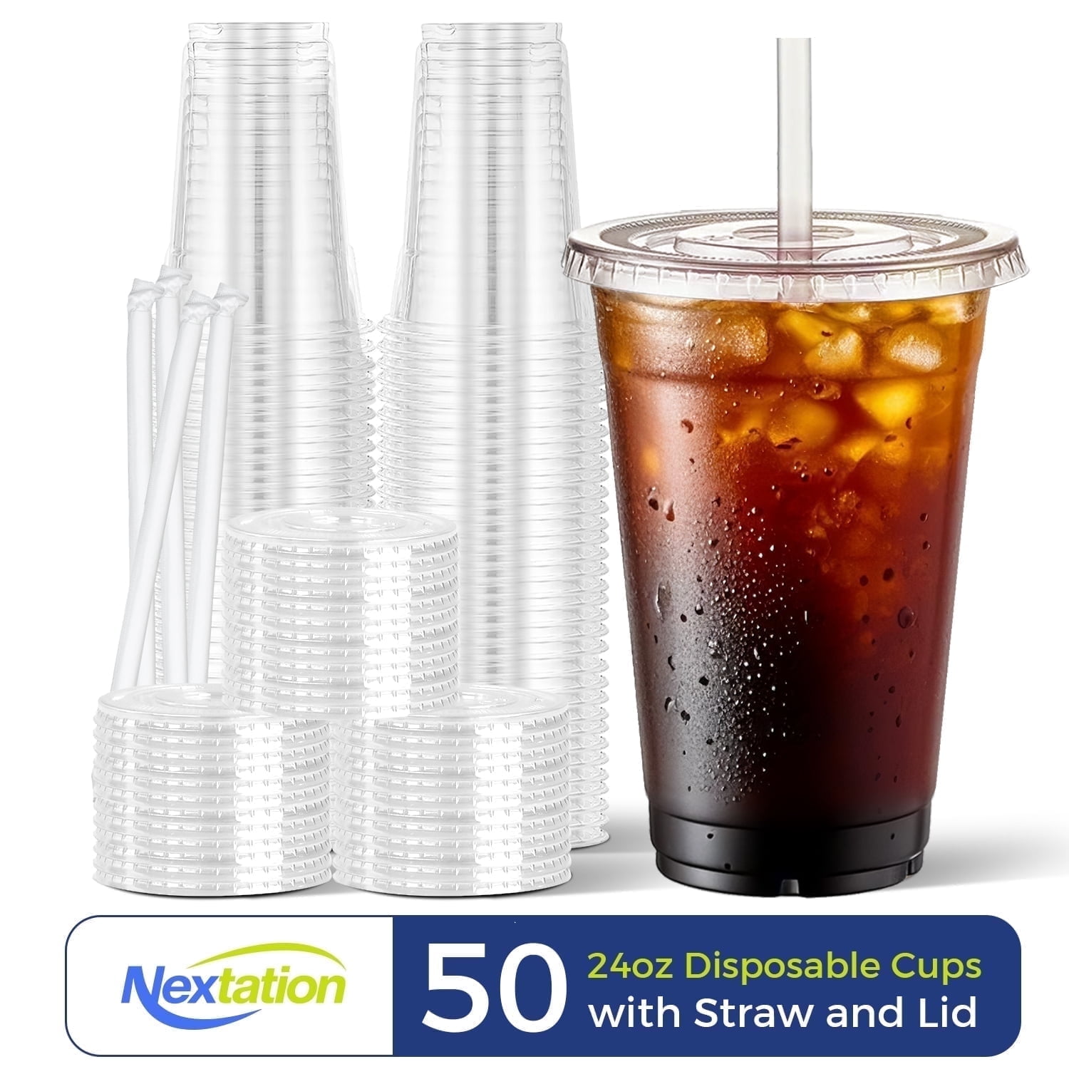 Nextation 50 Pack 24oz Clear Plastic Iced Coffee Cups with Lids and Straws, Disposable to Go Cups for Coffee Bar Accessories and Outdoor Events