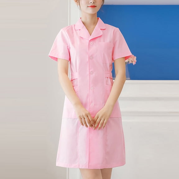 HAJWOH Scrubs for Women Dress Formal Lapel Neck Short Sleeve Button Down Work Dress Stretchy Comfy Scrubs Pink XL