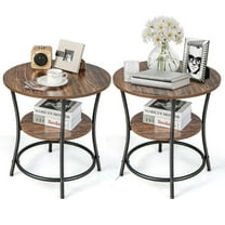 Costway 2 PCS 2-Tier Sofa Side End Table Round Nightstand with Sturdy Metal Frame Brown