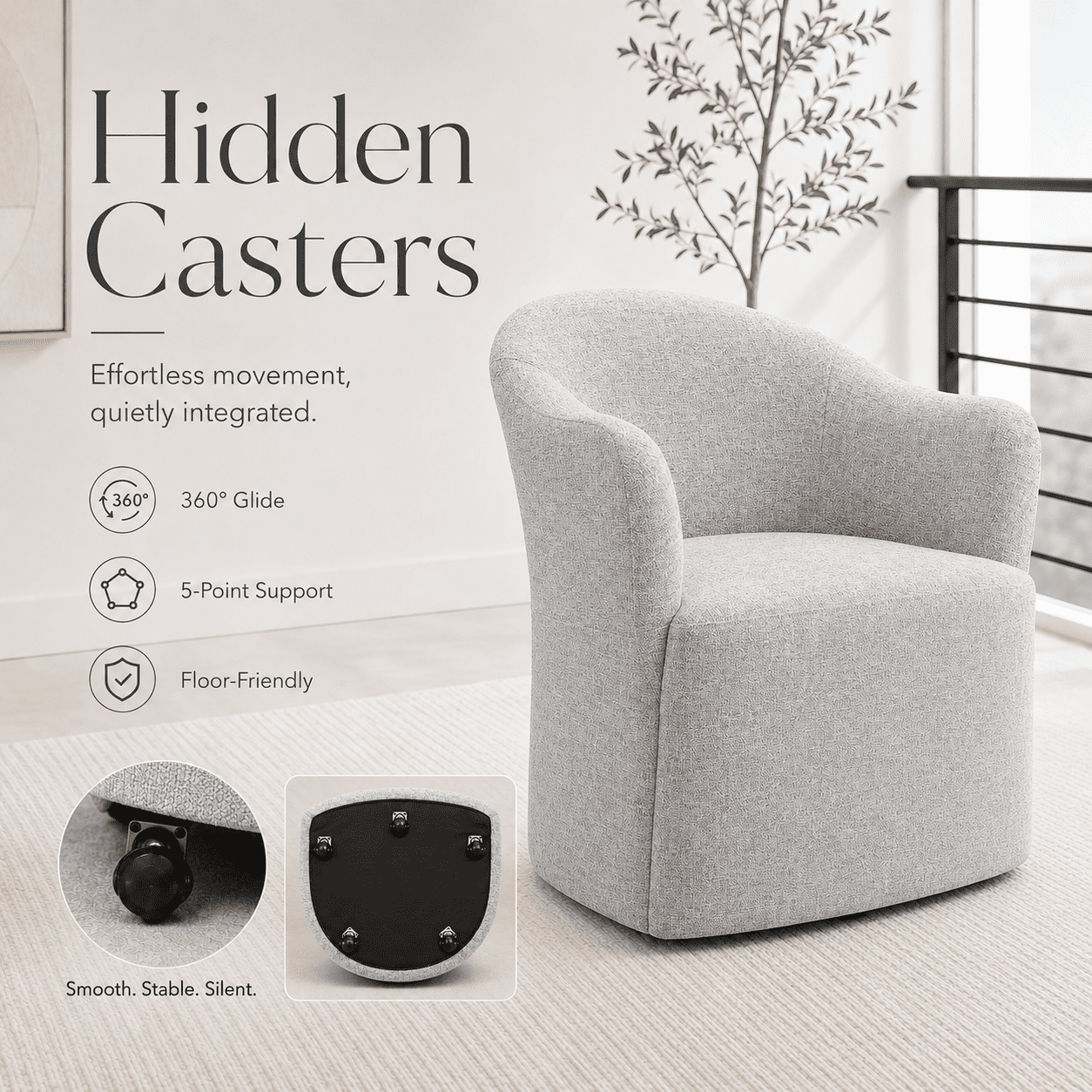 Aenkyo Dining Chair with Casters, Upholstered Barrel Back Rolling Accent Chair, Feather Gray