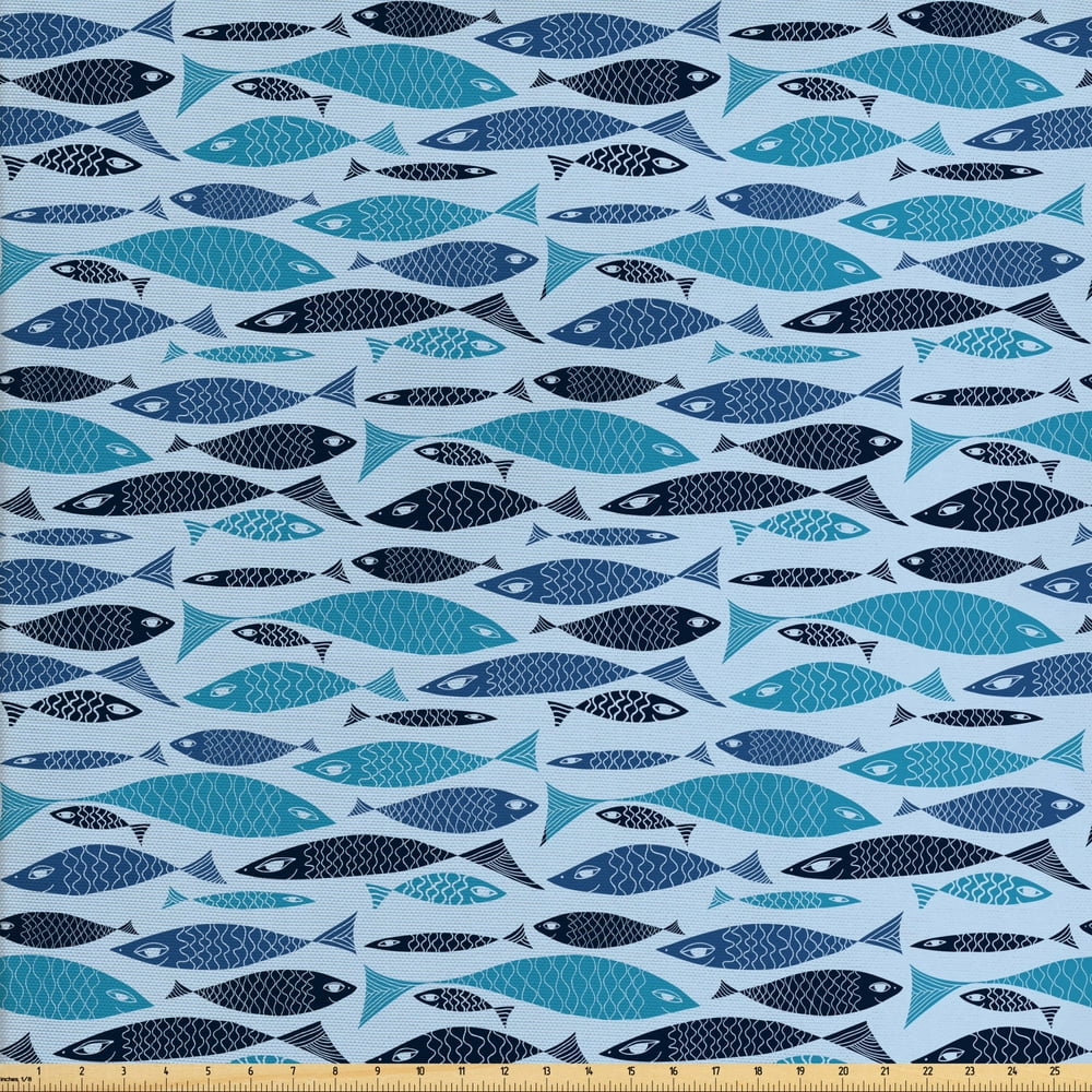 Marine Fabric by The Yard, Graphic Fish Silhouettes on Sea Inspired