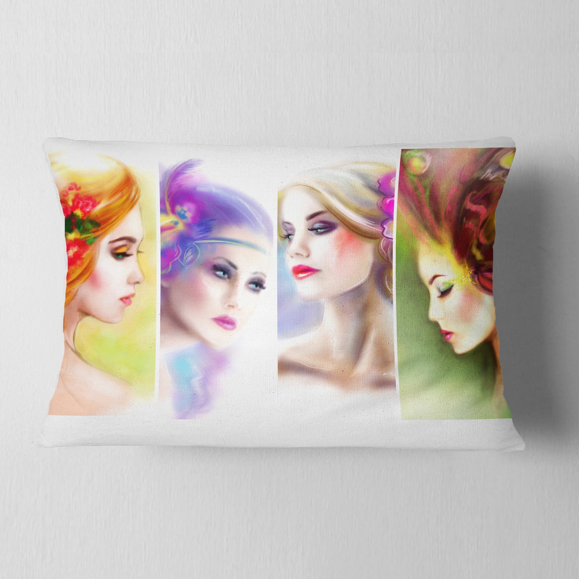 Designart Colorful Women Face Collage - Abstract Portrait Throw Pillow - 12x20