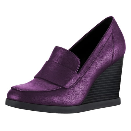 YDN Women Dressy Loafers Pumps Square Closed Toe Slip On Wedge High Heels Shoes Shopping Daily Wear Size 12 Purple