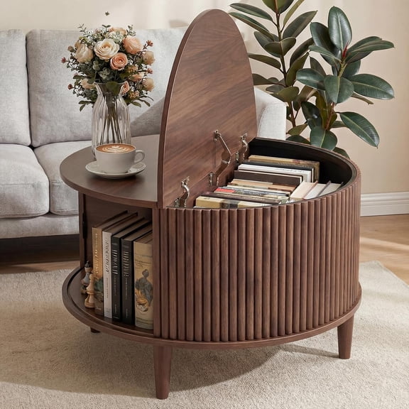 Coffee Table, Round Coffee Tables with Storage, Fluted Center Table for Living Room, 31.69" Mid Century Modern Table with Sliding Cabinet Door, 2-Tier Rustic Wood Desktop, Brown