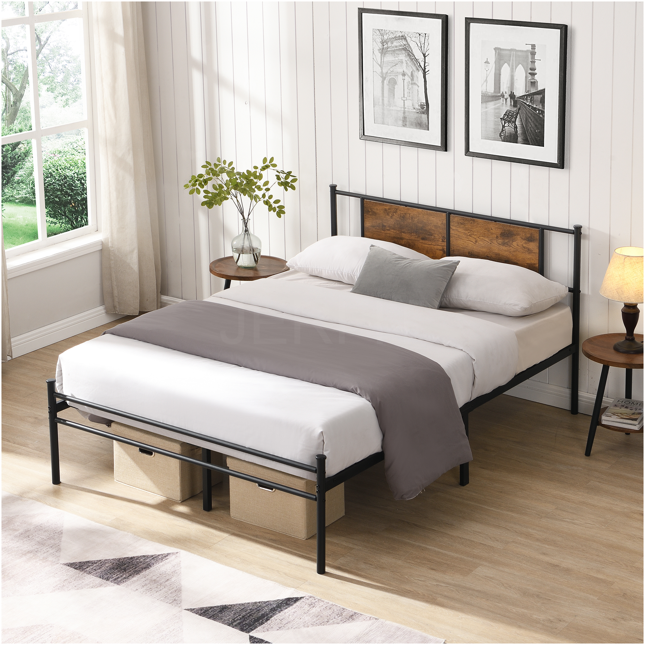 JERFIT King Size Metal Bed Frame with Headboard, 10.8" Underbed Storage Space, No Box Spring Needed, Heavy Duty 550lbs Capacity, Black Brown Modern Platform Bed