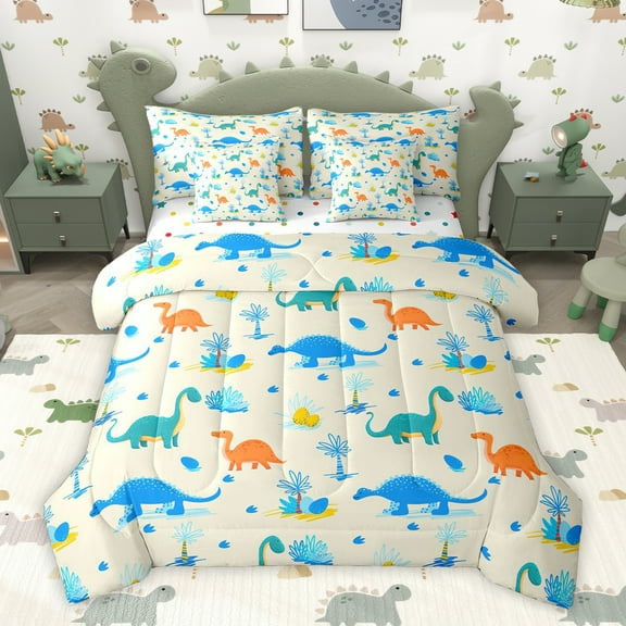 Homewish Cute Dinosaur Twin Bedding Sets 7-Piece for Kids, Funny Jungle Animal Bedding Comforter Set, Tree Plant Botanical Reversible Sheet Sets, Wheat Super Cozy Room Decor