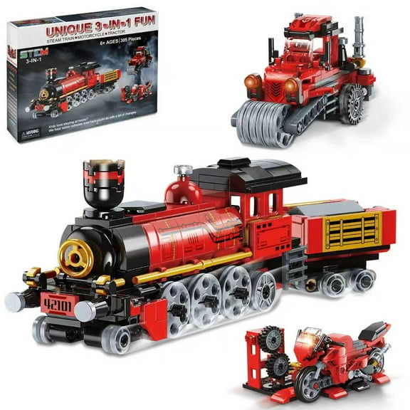 HI-REEKE Train Building Block Set 3in1 Train Tractor Motorcycle Creative Bricks Toy for Kid Adult