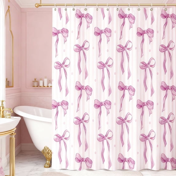 Annvchi Pink Bow Shower Curtain, Cute Ribbon and Stripe Pattern, Waterproof Polyester Bathroom Curtain 72" x 72" with Hooks
