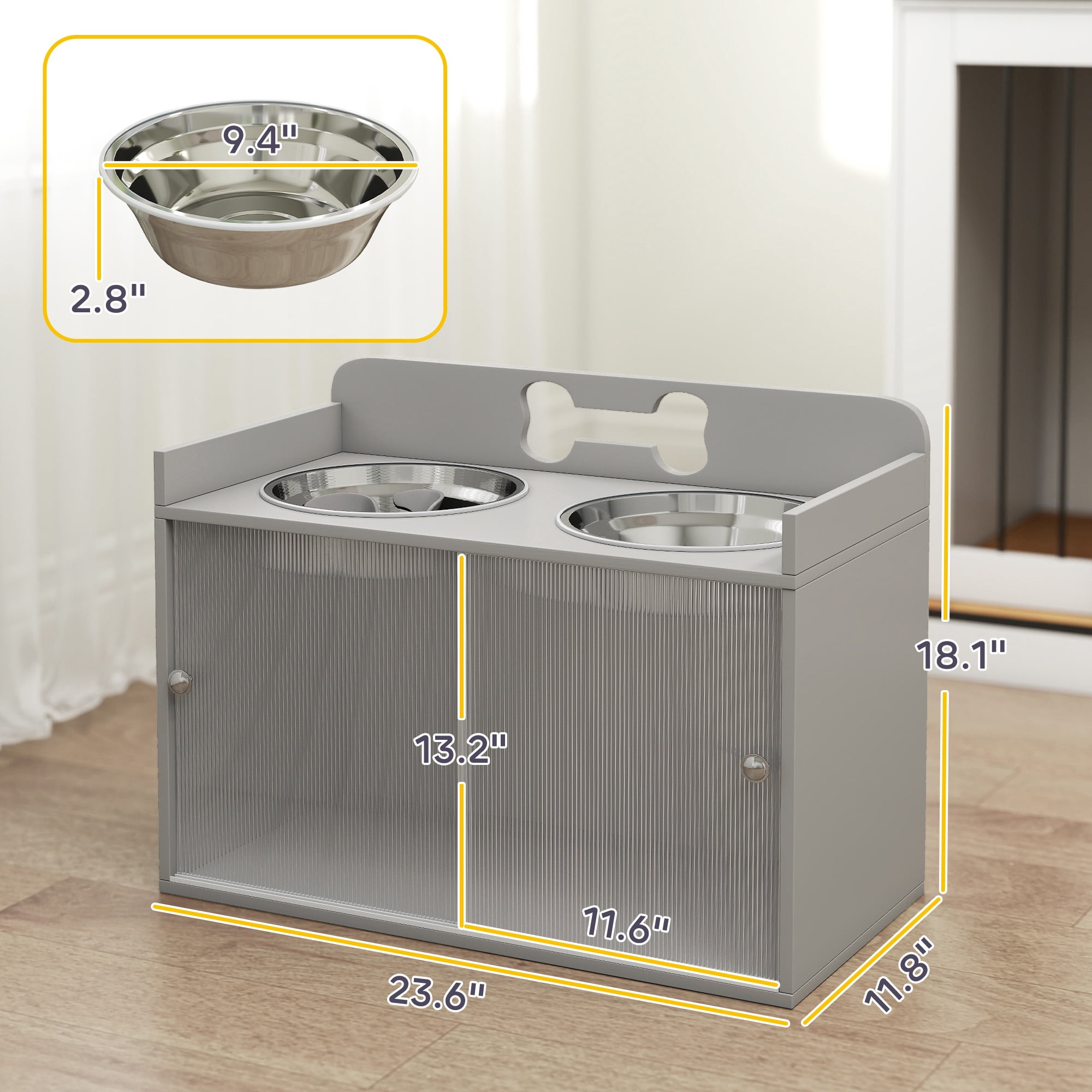 PawHut Elevated Dog Bowls with Storage, Raised Bowl Stand with 2 Stainless Steel Food Dishes and Slow Feeder, Pet Feeding Station for Large Dogs, Gray