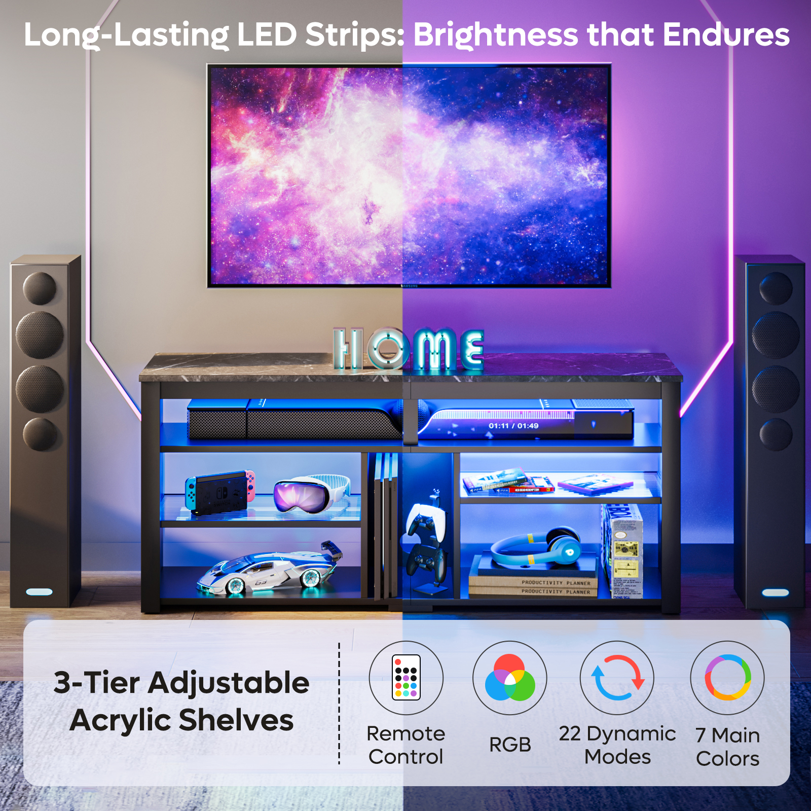 Bestier 65" Tall Gaming TV Stand with LED Lights, Black Marble photo 5