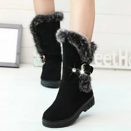 Women Boots Slip-On Soft Snow Boots Round Toe Flat Winter Fur Ankle Boots