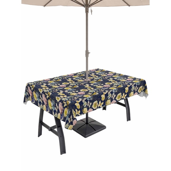60x102 Inch Outdoor Tablecloth with Umbrella Hole Zipper Rectangle Vintage Flower Rectangular Tablecloths Waterproof Yellow Spring Floral Leaf Pastoral Birds Navy Blue Patio Table Cover for Picnic