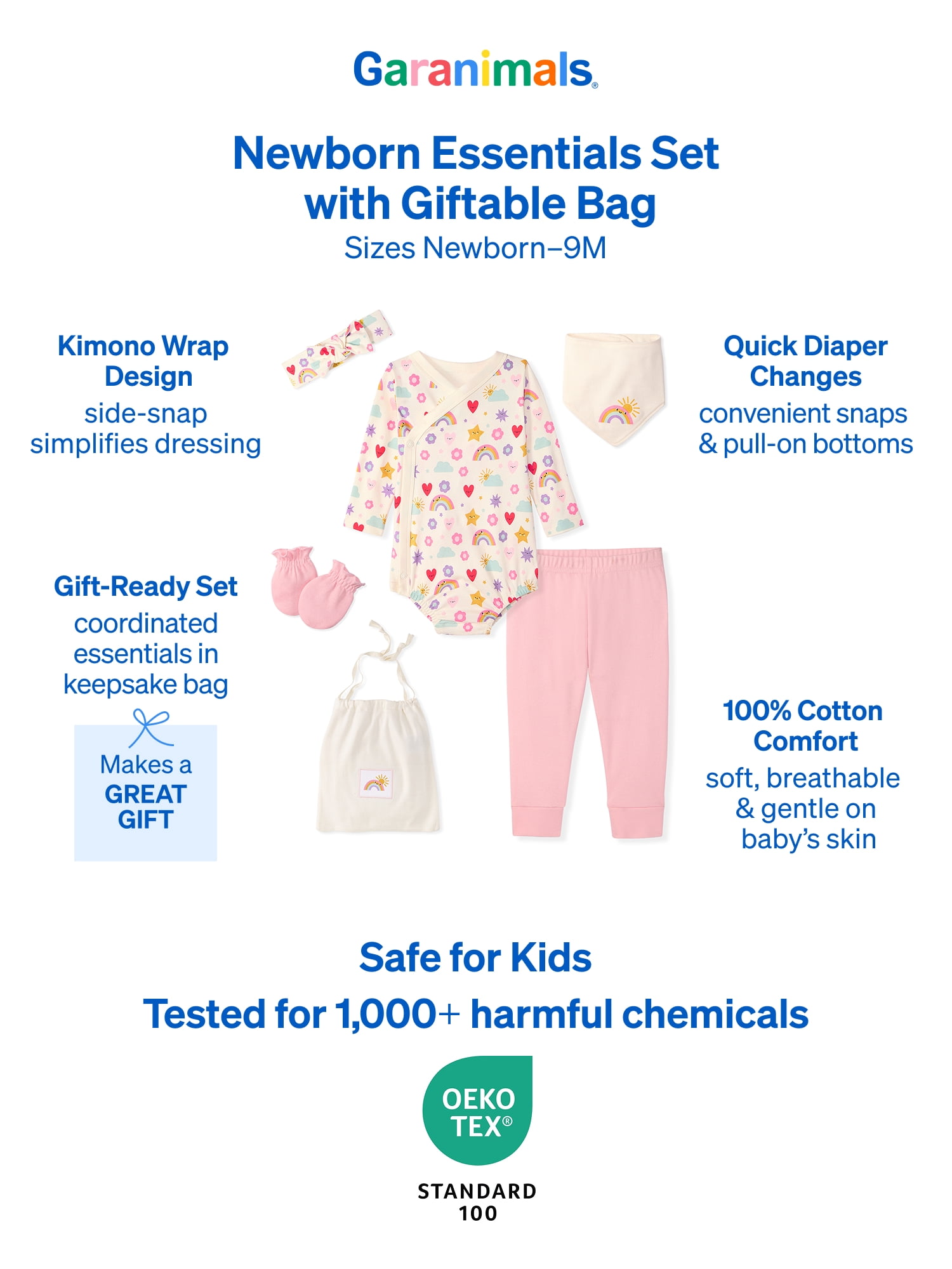 Garanimals Newborn & Baby 100% Cotton Newborn Essentials Set, Sizes Newborn–9M, 5-Piece