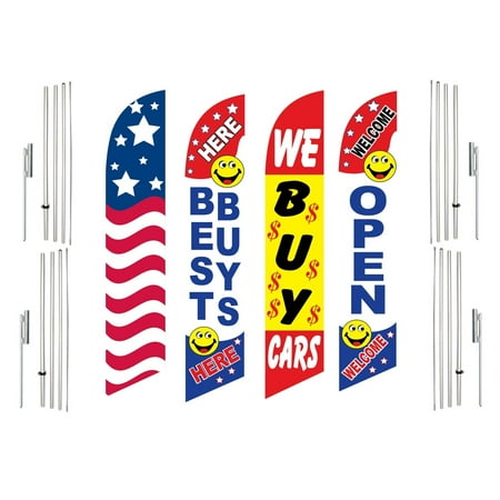 4 Swooper Flags With 4 Pole Kits USA Best Buys Here We Buy Cars Welcome Open