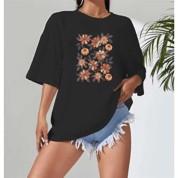 Women's Pumpkin Floral T-Shirt, Orange Fall Graphic Tees, Cozy Halloween Tops for Women, Soft Crew neck Tee,Retro,cotton,black,S-5XL