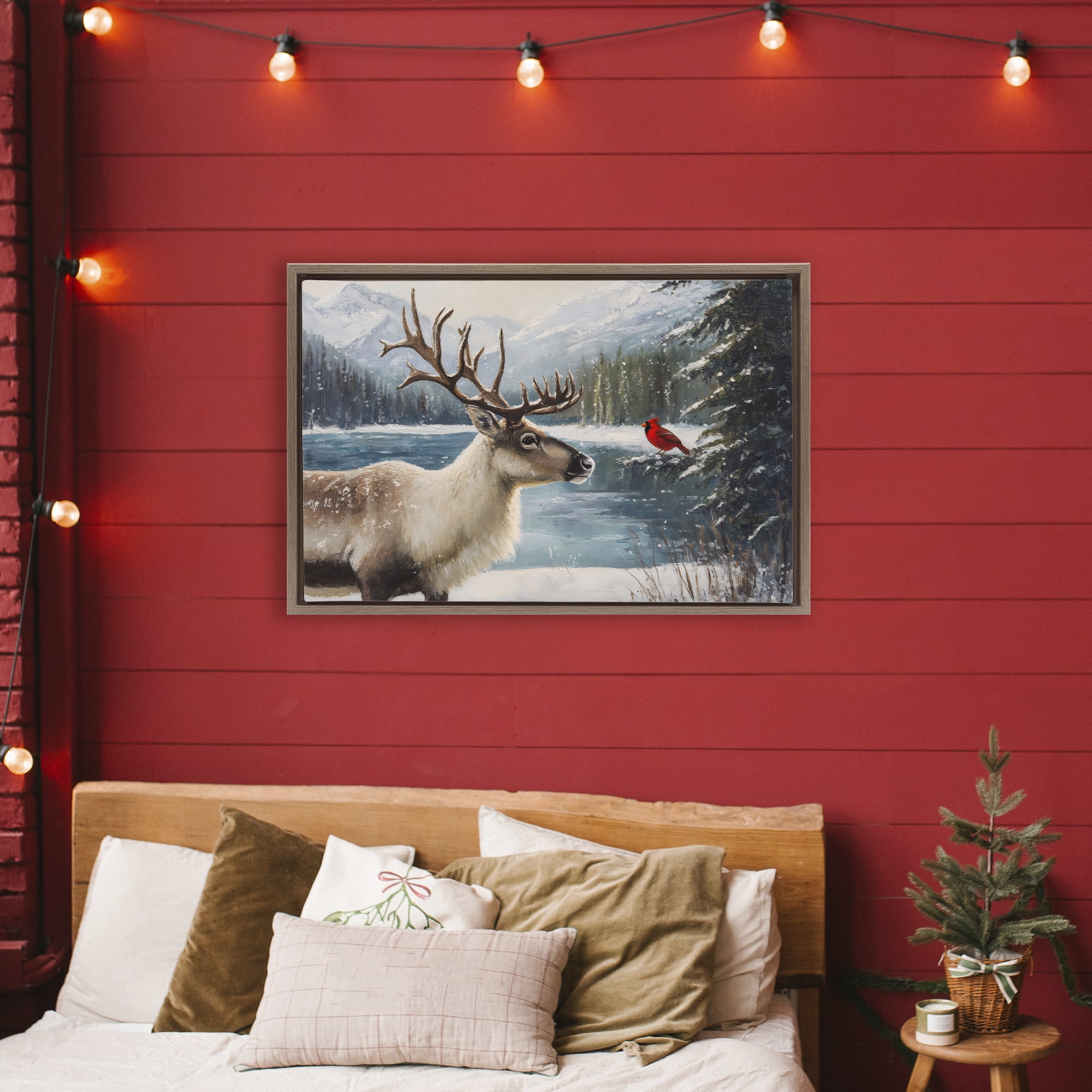 Christmas Conversation In Wild Brown Framed Floater Canvas Wall Art, design by Petal Prints Design