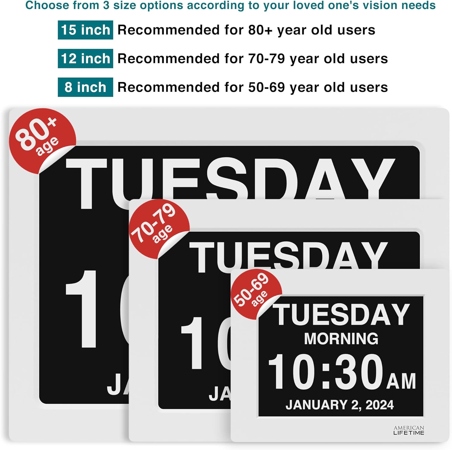 American Lifetime Digital Clock for Seniors with Custom Alarms, Day & Date, Large Display, White, 15 Inch