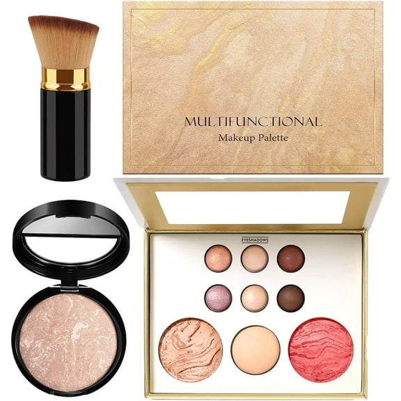 3 Pcs Baked Starter Kit, All-in-One Make Up Gift Sets For Women, Includes Baked Balance Foundation & Multi-Functional Makeup Palette & Retractable Brush