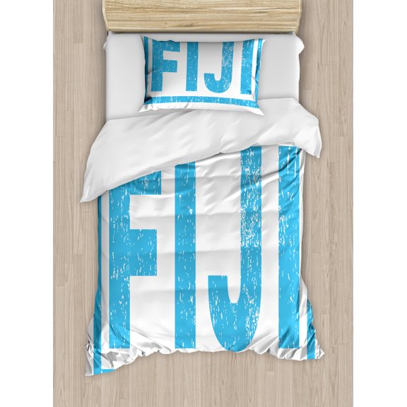 Fiji Duvet Cover Set Twin Size, Big Bold Lettering Illustrated in a Grunge Style on a Plain Background, Decorative 2 Piece Bedding Set with 1 Pillow Sham, Deep Sky Blue and White, by Ambesonne