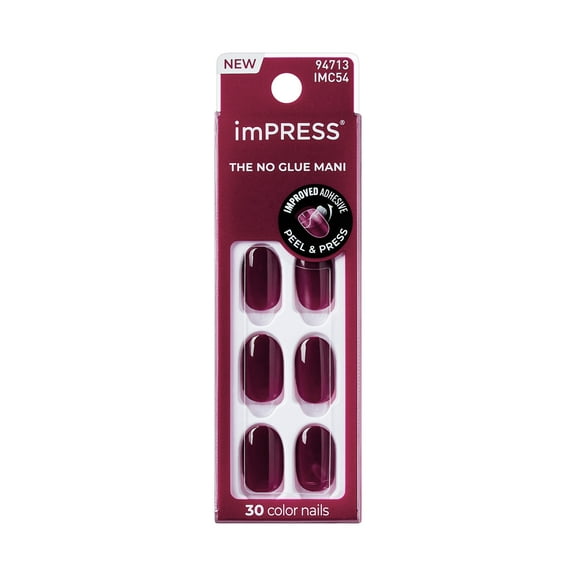 KISS imPRESS Color Press on Nails, Over You, Red, Short Oval, 30 Count