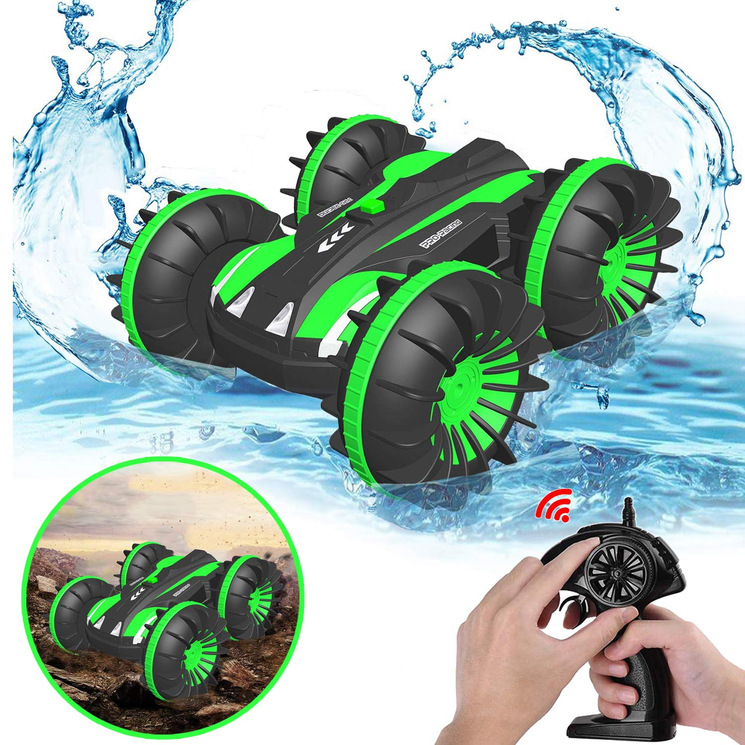 Green Remote Control Car Boat Truck 4WD 2.4Ghz Land Water 2 in 1 RC Toy Car Multifunction Waterproof Stunt 1:24 Remote Vehicle with Rotate 360 Electric Car Toy by OUTTUO