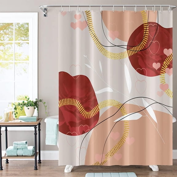 Abstract Boho Shower Curtain 36Wx72H Mid Century Pink Gold Geometric Pattern Shower Curtains Modern Minimalist Aesthetic Art Fabric Waterproof for Bathroom Decor 6 Plastic Hooks