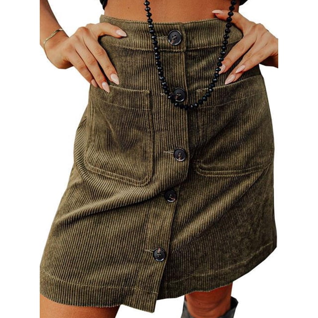 LUXUR Jupes Mini pour Femmes avec Poches Jupe en Velours Côtelé Vert Armée P