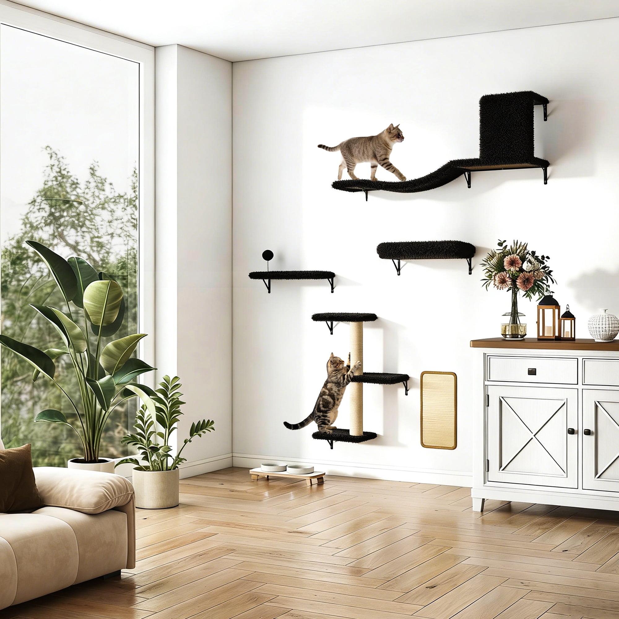 COZIWOW Wall Mounted Cat Furniture, Cat Wall Shelves and Perches, Floating Cat Shelves for Wall Set of 5, BBlack
