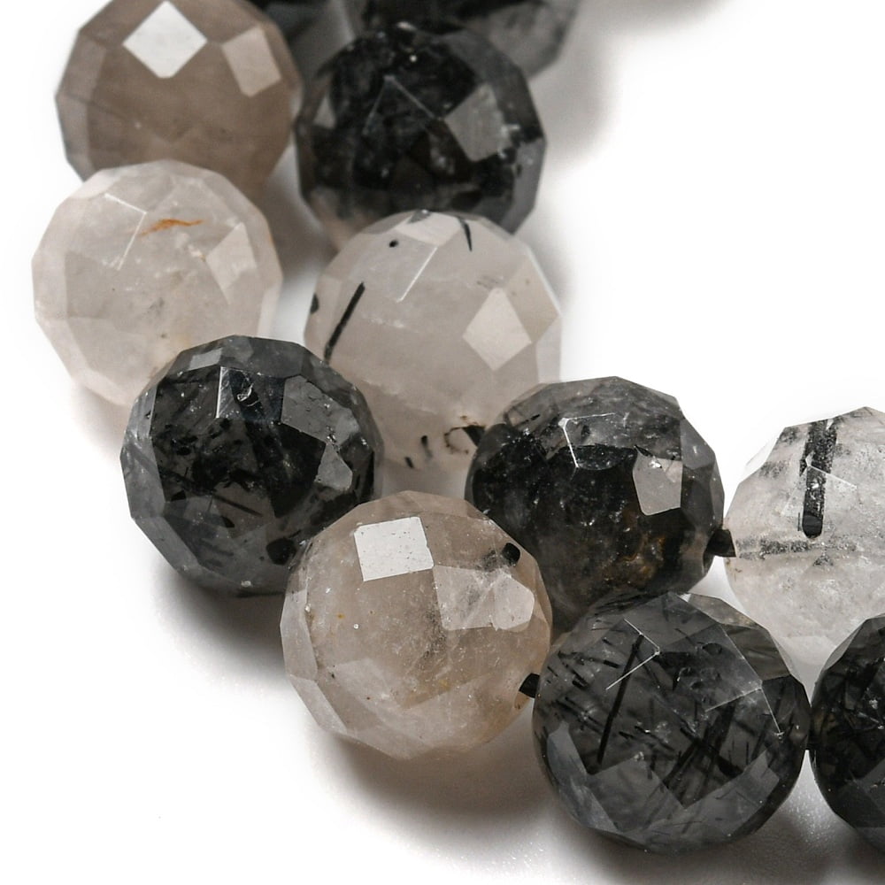 Natural Tourmalinated Quartz/Black Rutilated Quartz Beads Strands Faceted Round 8mm Hole: 0.8mm about 45~47pcs/strand 15''(38.1cm)