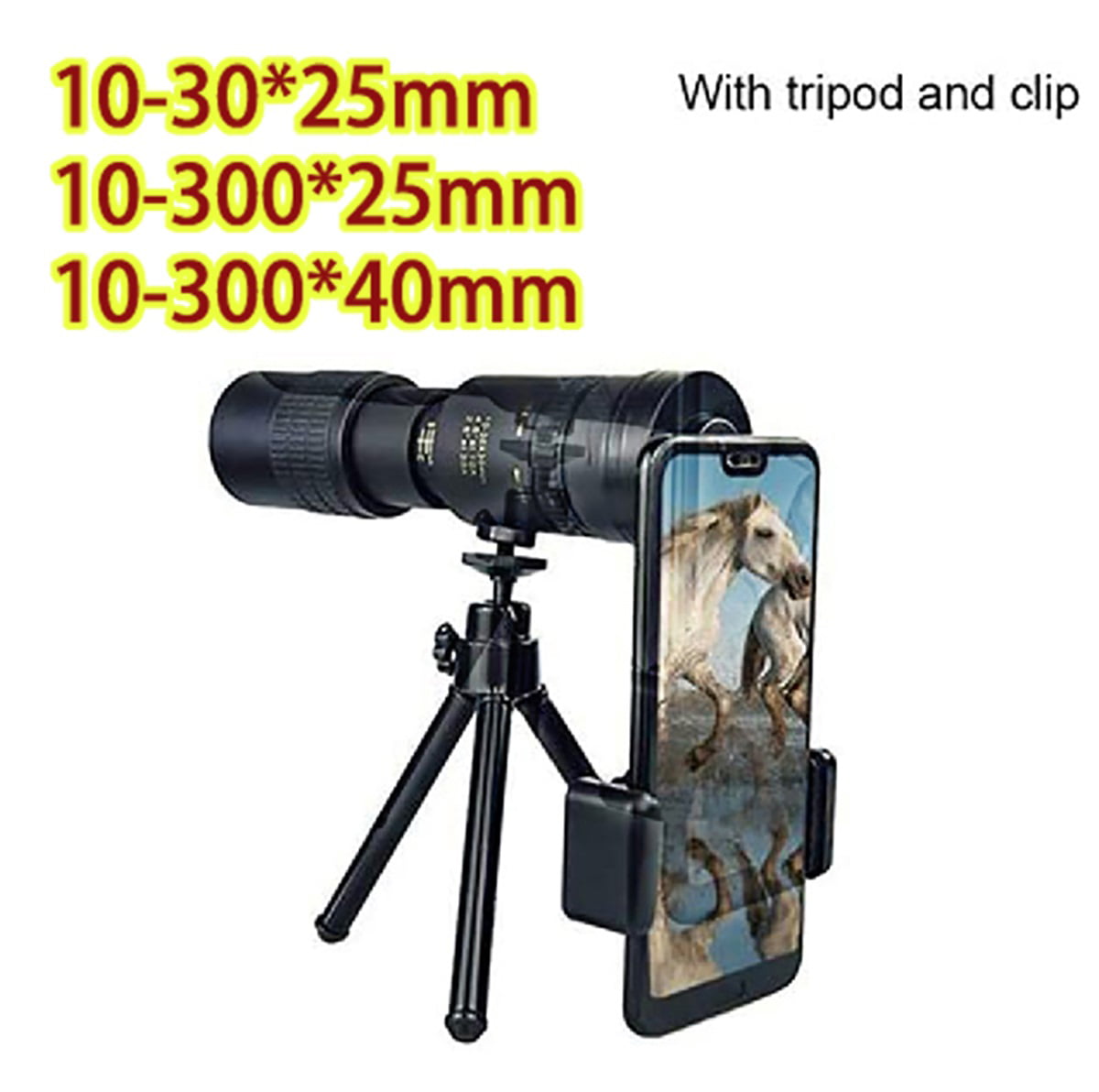 XAQPLM 4k 10-300x40mm Super telephoto Zoom Telescope monocular，with Smartphone Adapter Tripod Waterproof Durable and Clear Prism Dual Focus for Hiking Camping Travel 