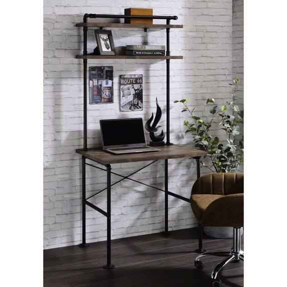 Rustic Oak Work Desk With Metal Base And Functional Shelving Writing Stable Construction Practical Shelf
