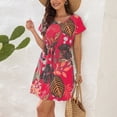 thumbnail image 3 of Women Floral Dress V Neck Short Sleeves Waist Drawstring Above Knee Length Summer Dress Red M, 3 of 6