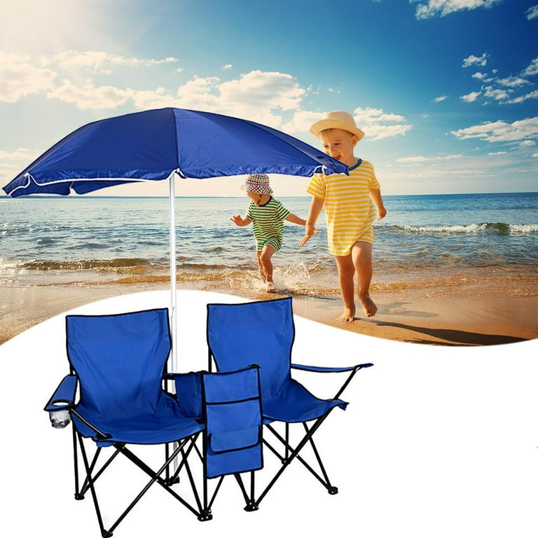 Yucurem Portable Outdoor Beach Fishing 2-Seat Folding Chair with Sun  Umbrella Blue