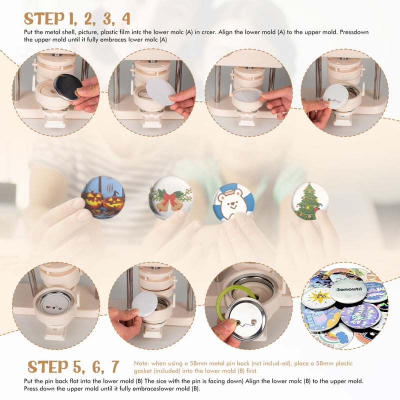 Button Maker Machine, 1''+1.25''+2.25'' (25/32/58mm) 3-in-1 Pin Maker Machine Kit, Installation-Free DIY Badge Machine with 300pcs Button Parts