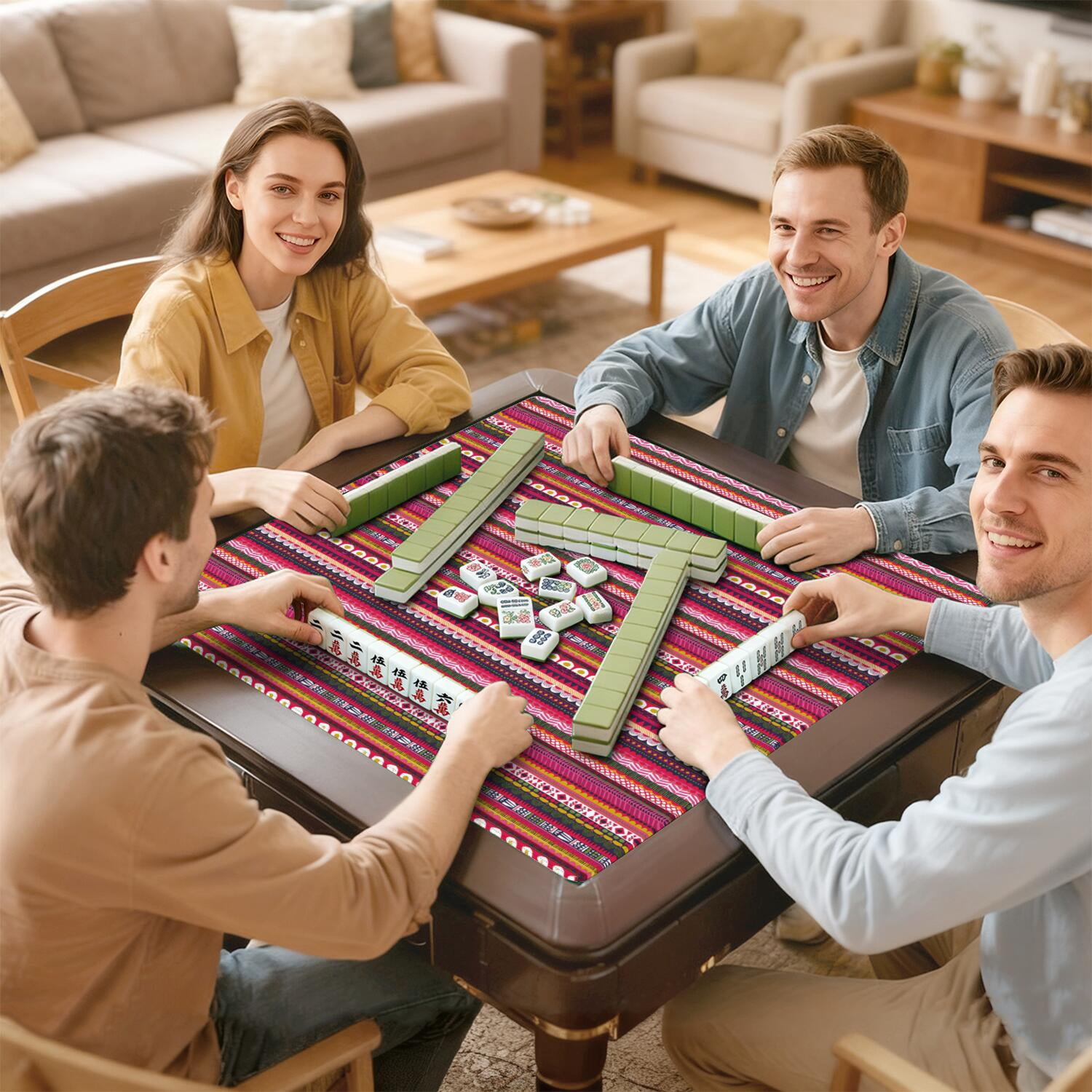 Boho Print Anti-Slip Rubber Game Table Mat 31.5 Inch Square Extra Large Mahjong Pad with Quiet Surface for Playing Tiles Cards and Family Fun