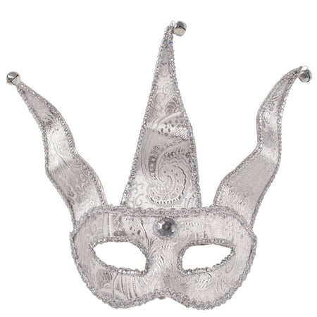 Jester Bells Masquerade Fancy Gem Venetian Mask, Silver White, One-Size